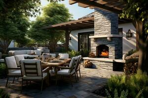 Villa Patio with Firepit and Seating. Generative By Ai photo