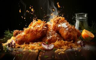 Visual Feast Flame-Kissed Fried Chicken Sprinkled with Magi Spices. Generative By Ai photo