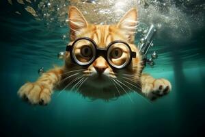 Feline Aquatics A Cat in Glasses Takes the Plunge Underwater. Generative By Ai photo