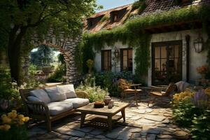 Tranquil Retreat A Patio Area in the Courtyard of a Charming Country House. Generative By Ai photo