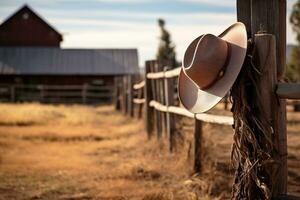 Ranch Aesthetics A Cowboy Hat and Lasso on a Wooden Fence. Generative By Ai photo