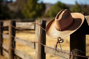 rancho estética un vaquero sombrero y lazo en un de madera cerca. generativo por ai foto