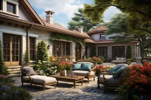 Country Charm Exploring a Cozy Courtyard with a Patio in a Rustic Home. Generative By Ai photo