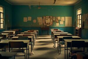 Schoolroom Serenity An Unoccupied Classroom with Desks and Tables. Generative By Ai photo