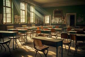Schoolroom Serenity An Unoccupied Classroom with Desks and Tables. Generative By Ai photo
