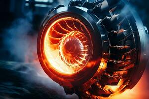 Engineering Marvel Capturing the Burning Turbine of a Rocket Jet Engine. Generative By Ai photo