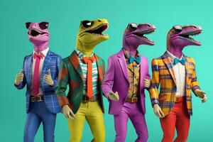 Prehistoric Fashion - Group of Vibrant and Stylish Dinosaurs. Generative by Ai. photo