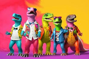 Prehistoric Fashion - Group of Vibrant and Stylish Dinosaurs. Generative by Ai. photo