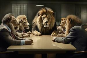 corporativo rugido - leones comprometido en calentado negocio debate. generativo por ai foto
