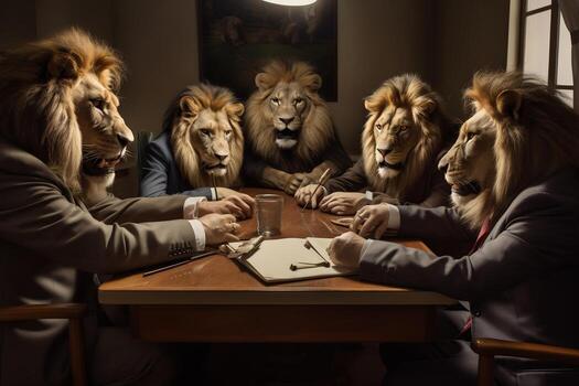 Savannah Strategy Session - Lions in a Fierce Business Meeting. Generative by Ai photo