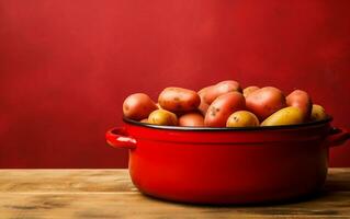 Savor the Flavor of Hickory Style Potatoes in a Red Pan, Generative by Ai photo