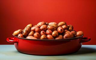 Savor the Flavor of Hickory Style Potatoes in a Red Pan, Generative by Ai photo
