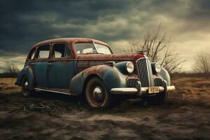 abandonado Clásico belleza - realista foto de un roto retro coche. generativo por ai