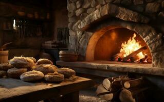 Artisanal Craftsmanship - Traditional Stone Oven Bread Baking. Generative by Ai photo