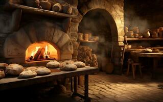 Time-Honored Technique - Bread Baking in a Traditional Stone Oven. Generative by Ai photo