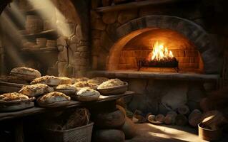 Artisanal Craftsmanship - Traditional Stone Oven Bread Baking. Generative by Ai photo