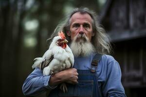 A Heartwarming Moment with His Beloved Chicken. Generative by Ai photo