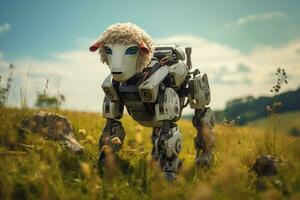 Robotic Wildlife - Exploring Robot Sheep in Natural Habitat. Generative by Ai photo