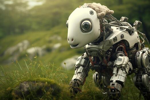 Nature's Mechanical Companions - Robot Sheep in the Wild. Generative by Ai photo