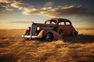 Retro Relic - A Realistic Image of an Abandoned Vintage Car. Generative by Ai photo