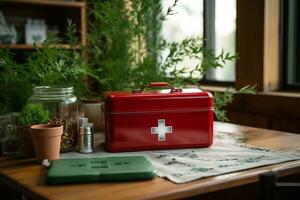 Be Prepared First Aid Kit on the Kitchen Table. Generative By Ai photo