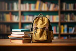 School Desk with Backpack and Books. Generative By Ai photo