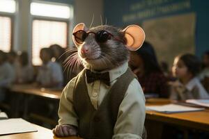 joven estudiante con un rata en clase. generativo por ai foto