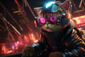 Angry Cyberpunk Cat in Virtual Reality. Generated By Ai photo