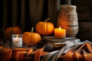 Cozy Autumn Still Life Pumpkins, Candles, and Knitted Plaid. Generative By Ai photo