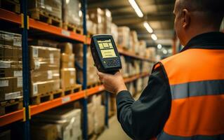 Worker Scanning with Device. Generative By Ai photo