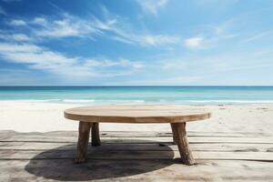 Scenic Wooden Table by the Beach and Blue Sky. Generated By Ai photo