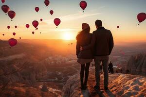 Adventurous Young Couple of Tourists on Mountain Peak. Generative By Ai photo