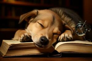 Dog Fell Asleep While Reading a Book. Generative By Ai photo