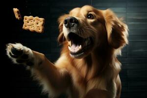 A Close Examination of a Dog Catching a Biscuit Generative By Ai photo