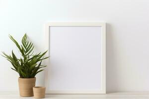 Blank Frame Hanging in a Pristine White Room. Generative By Ai photo