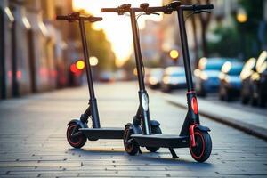 eléctrico scooters en el ciudad. generativo por ai foto