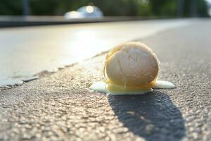 Vanilla Ice Cream Melting on the Sidewalk. Generative By Ai photo