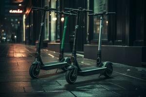 Parked Electric Scooters in the City. Generative By Ai photo