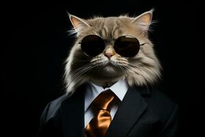 Cat in Suit and Sunglasses on Black Background. Generative By Ai photo