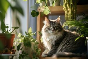 Cats and Lush House Plants in the Apartment. Generative By Ai photo