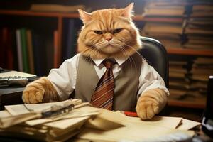 ow Cat Mastering the Office Leads to Business Success. Generative By Ai photo