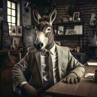 A Donkey in Business Attire Amidst Office Chaos. Generative By Ai photo