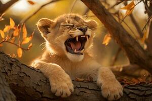 African Lion Cub's Adorable Yawning and Stretching Moment. Generative By Ai photo