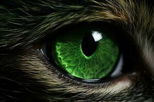 de cerca de un verde mal de gato ojos. generativo por ai foto
