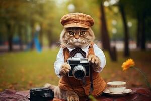 elegante gato con un retro cámara en el parque. generativo por ai foto