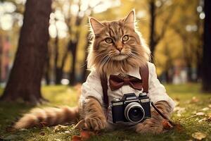 elegante gato con un retro cámara en el parque. generativo por ai foto