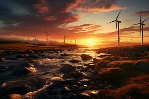 viento turbinas en el sereno puesta de sol. generativo por ai foto