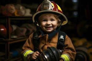 un contento joven chico en un bombero traje. generativo por ai foto