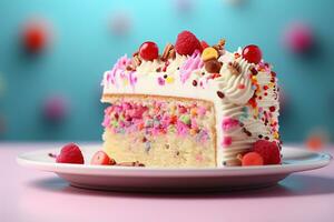 el tentación de un delicioso aislado cumpleaños pastel rebanada. generativo por ai foto
