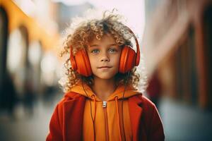 un niño hembra perdido en el mundo de música con auriculares. generativo por ai foto